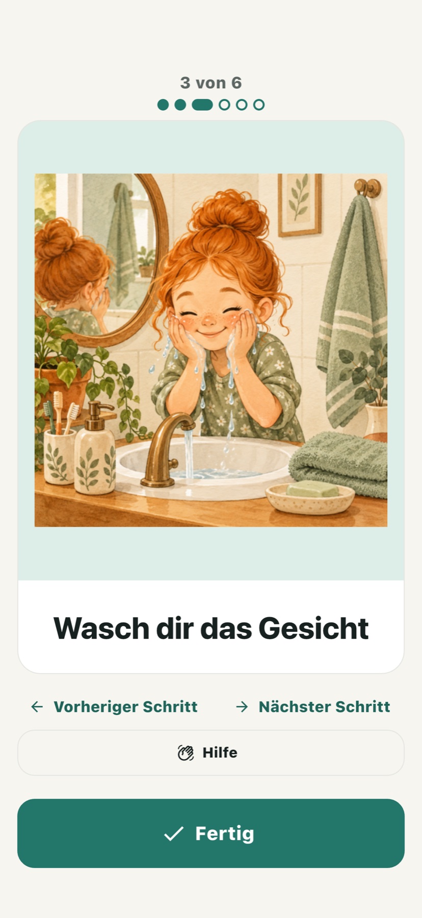 Eine Bildkarte mit Zurück, Weiter, Hilfe und Fertig.