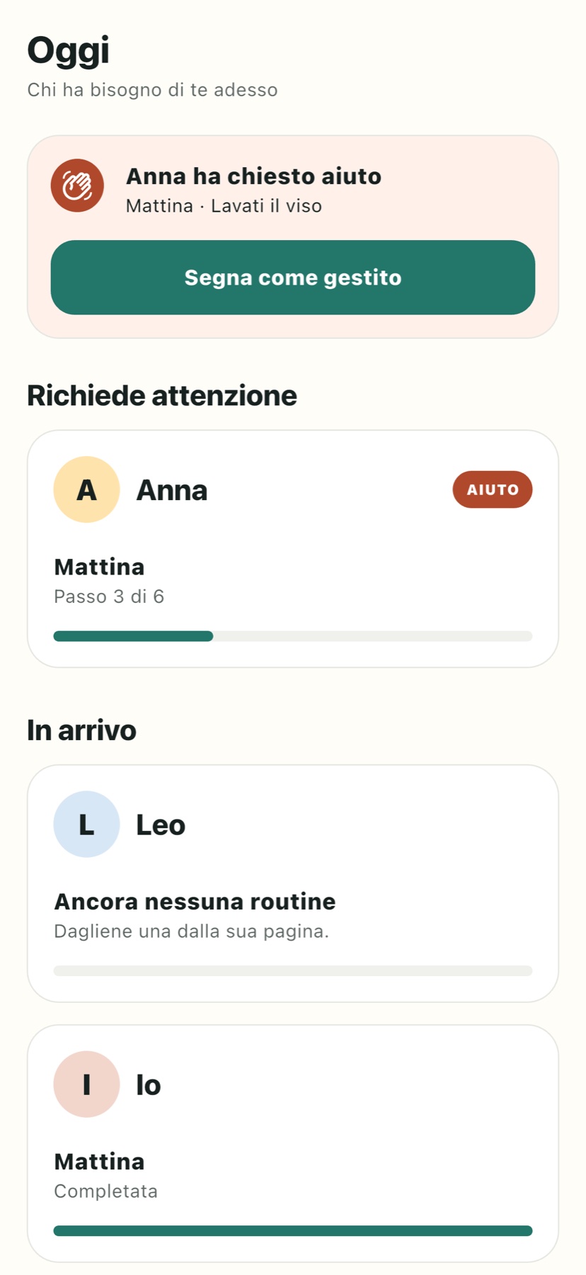 La vista di pianificazione: routine, progressi e la prossima azione utile.